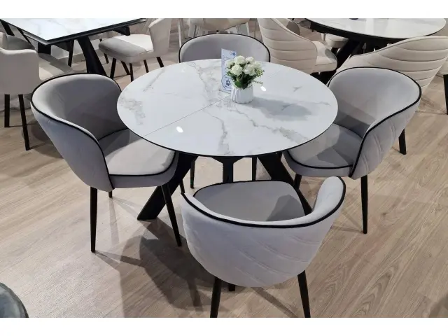 SFC100 стекло Оптивайт Белый мрамор/опоры черные круглый стол раздвижной 5